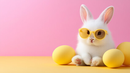 Fototapeta premium cute white rabbit wearing yellow sunglasses on a solid color background, an easter concept, with