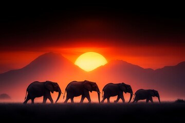 Fototapeta premium A herd of elephants crossing a savanna under a magnificent African sunset, with the sky glowing in fiery orange and red tones