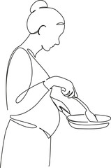 One continuous single drawing line art flat doodle pregnant, lifestyle, indoor, kitchen, food, female, meal. Isolated image hand draw contour on a white background, hand drawn, not AI