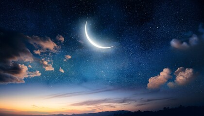  Light from sky . Religion background . The sky at night with stars. New moon . Ramadan background