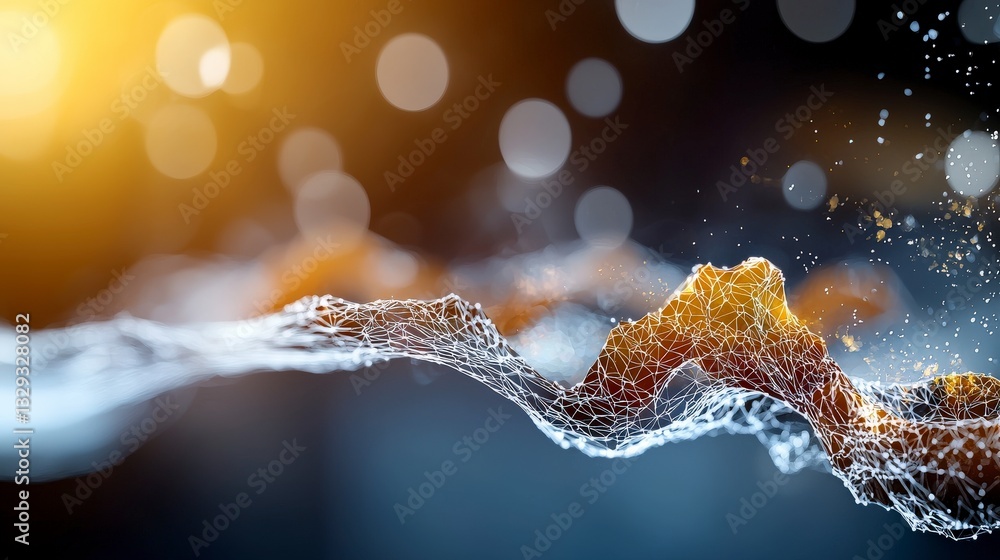 Poster abstract digital flow with light particles and bright bokeh background for creative and technology c