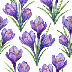 Generated image seamless pattern with blooming flower, watercolor crocus, spring flowers for decorating