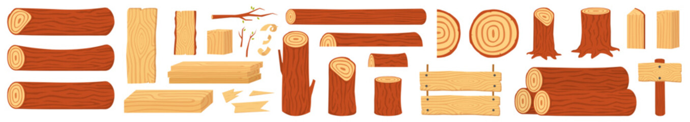 Cartoon wood set. Wood tree logs, stumps and trunks, wooden pieces etc. Vector