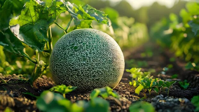 Fresh green melon growing on a farm, covered in morning dew, surrounded by lush green leaves in soft sunlight