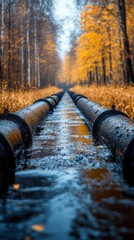 A network of pipelines carries crude oil from extraction points through a vibrant autumn forest. The water runs alongside, highlighting the industrial flow in a natural setting.