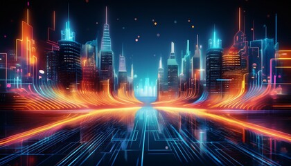 Abstract representation of a sci-fi city grid, featuring vibrant neon pathways and geometric shapes that evoke a futuristic, high-tech urban landscape.
