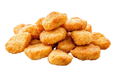 Closeup of a bucket of fried chicken nuggets on a white background