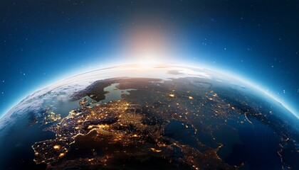Obraz premium Panoramic view on planet Earth globe from space. Glowing city lights, light clouds