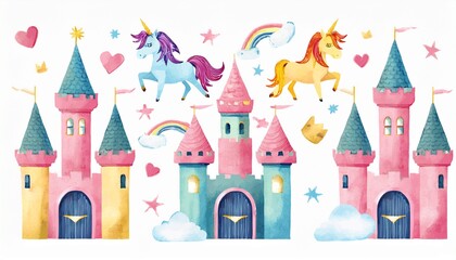 Generated image Set of cute watercolor kingdom unicorn and castle for kids book, birthday party vector