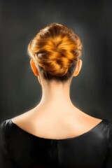 Naklejka premium Elegant Woman with Beautiful Hair Bun from Back in Soft Lighting on Dark Background