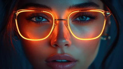 Close-up of woman with glowing orange eyeglasses © TITISCAHYA