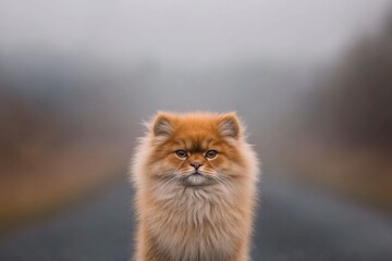 Fototapeta premium Fluffy orange cat with a serious expression standing on a foggy road surrounded by soft natural scenery