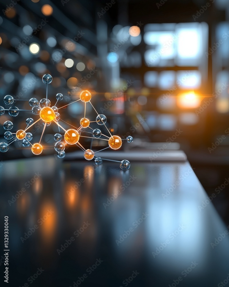 Poster abstract representation of molecular structure with glowing elements in a modern laboratory environm