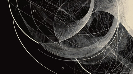 High-contrast monochrome image featuring a complex interplay of thin, curving lines and translucent, organic shapes against a dark background.  The composition suggests depth and movement through