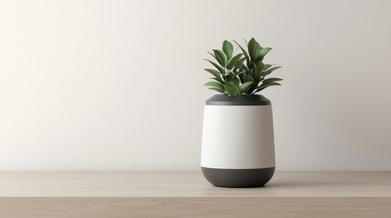 Fototapeta premium A minimalist potted plant sits on a wooden surface against a plain wall, showcasing a modern design and natural greenery.