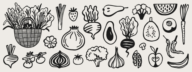 Cute vegetable and fruit hand-drawn doodle elements. Vegetable shop vector set