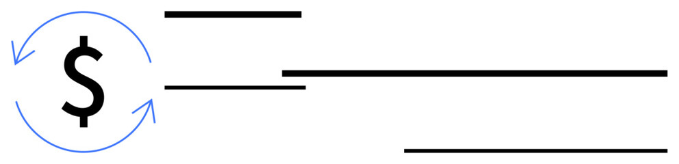 Dollar sign encircled by arrows representing flow, paired with horizontal lines. Ideal for finance, business, transactions, investments, cash flow, accounting economic concepts. Flat simple metaphor