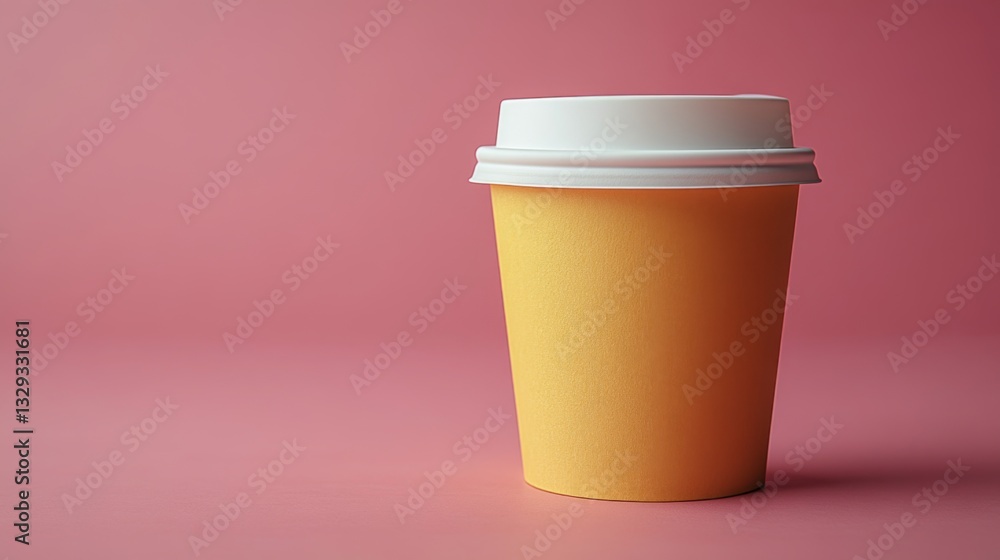 Poster a vibrant yellow coffee cup is positioned on a soft pink surface, showcasing a simple yet attractive