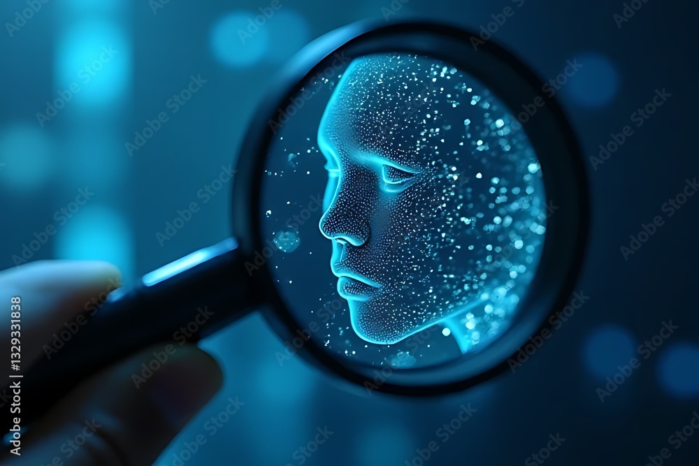 Poster exploring artificial intelligence concepts through magnified digital portrait virtual space close-up