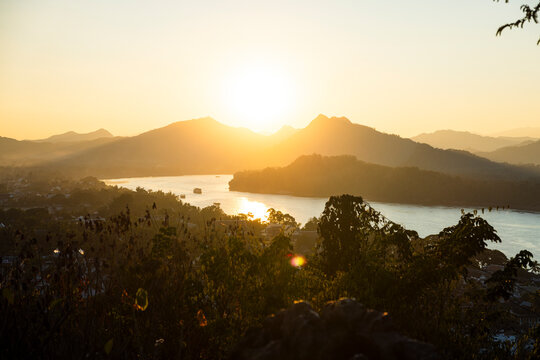 View of Phousi Hill sunset viewpoint in UNESCO vilage Luang Prabang, Laos, Southeast Asia