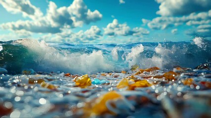 A dramatic ocean wave filled with colorful plastic debris under a golden sunset, highlighting pollution and environmental concerns