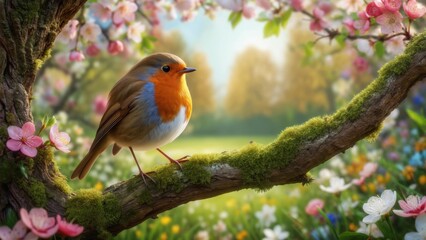 Colorful bird perched on a blossoming branch in a vibrant spring garden