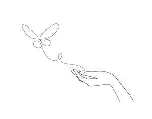 Line art of a hand releasing a butterfly into the air in a minimalist style