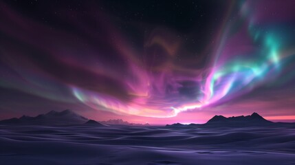 Obraz premium A mesmerizing aurora dances across the polar sky, painting luminous waves of green and purple above an untouched, snow-covered Arctic landscape.