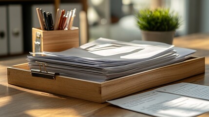 A wooden desk holds stationery and a pile of paperwork