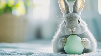 A soft grey rabbit holding a pastel green Easter egg between its paws inspecting its painted details with a look of pride. Created with generative AI.