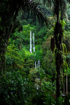 View of Sendang Gile Waterfall near Senaru on the foot of Rinjani Volcano, Lombok