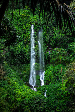View of Sendang Gile Waterfall near Senaru on the foot of Rinjani Volcano, Lombok