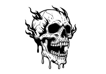 Obraz premium Fiery Skull with Dripping Jawline: A Gothic Black and White Illustration