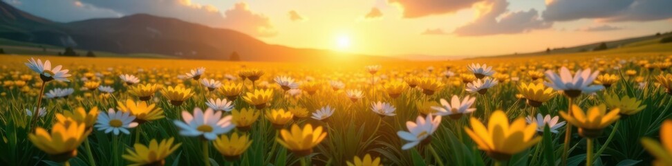 Obraz premium Radiant dawn illuminates endless daisy field, breathtaking view , outdoor, serene
