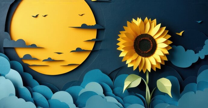 Paper cutout of sunflower swaying in wind with golden sun behind deep navy and bright yellow symbolizing vibrancy of summer