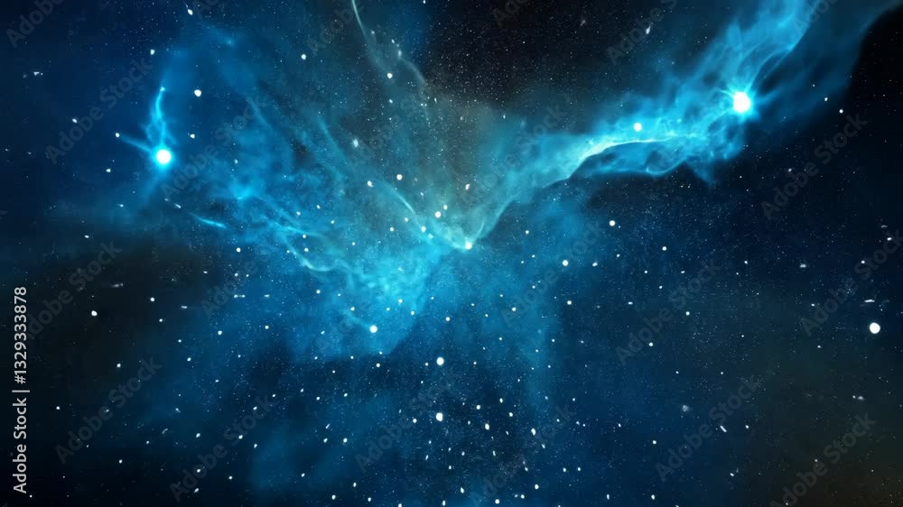 Poster bright celestial nebula displayed against a backdrop of deep space filled with shining stars and cos