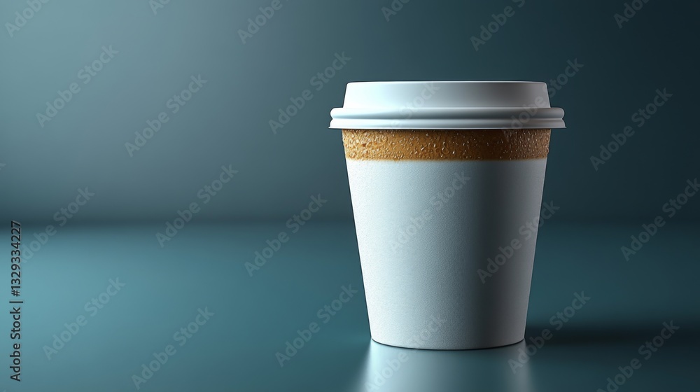 Poster a white coffee cup sits centrally on a flat surface, illuminated by soft lighting from above, creati