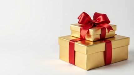 Obraz premium Two gold gift boxes adorned with a vibrant red ribbon, a symbol of celebration and thoughtful giving