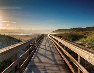 Generated image This piece highlights allure of a wooden footbridge that guides individuals to beach
