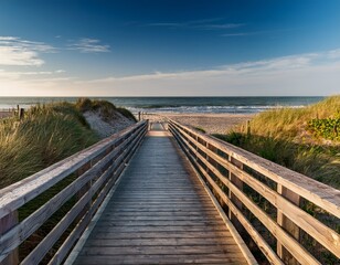 Fototapeta premium Generated image This piece highlights allure of a wooden footbridge that guides individuals to beach