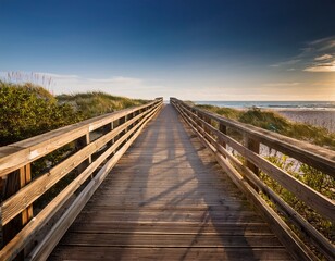 Generated image This piece highlights allure of a wooden footbridge that guides individuals to beach