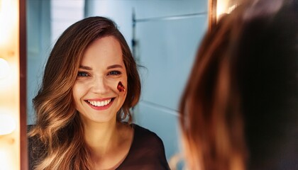 Fototapeta premium A woman gazes into a mirror, her reflection distorted with bruises, yet she wears a flawless smile, hiding the pain beneath a perfect exterior. The contrast evokes deep emotional tension. 