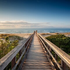 Fototapeta premium Generated image This piece highlights allure of a wooden footbridge that guides individuals to beach