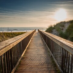 Fototapeta premium Generated image This piece highlights allure of a wooden footbridge that guides individuals to beach