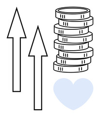 Two upward arrows alongside stacked coins and a heart shape convey financial growth, success, care, and positivity. Ideal for finance, charity, business growth, investment, love prosperity