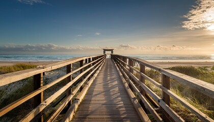 Obraz premium Generated image This piece highlights allure of a wooden footbridge that guides individuals to beach