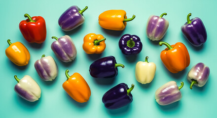 colorful peppers, top view with space for text, simple background, negative space