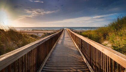 Fototapeta premium Generated image This piece highlights allure of a wooden footbridge that guides individuals to beach