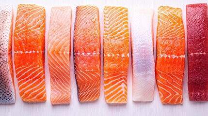Assortment of fresh salmon and other seafood cuts on display