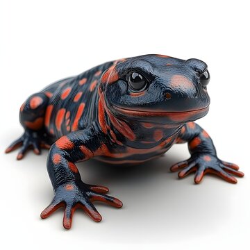 A captivating close-up image of a Chinese fire belly newt, showcasing its vibrant colors and unique markings against a plain white background. Detailed Animal isolated on white background.
